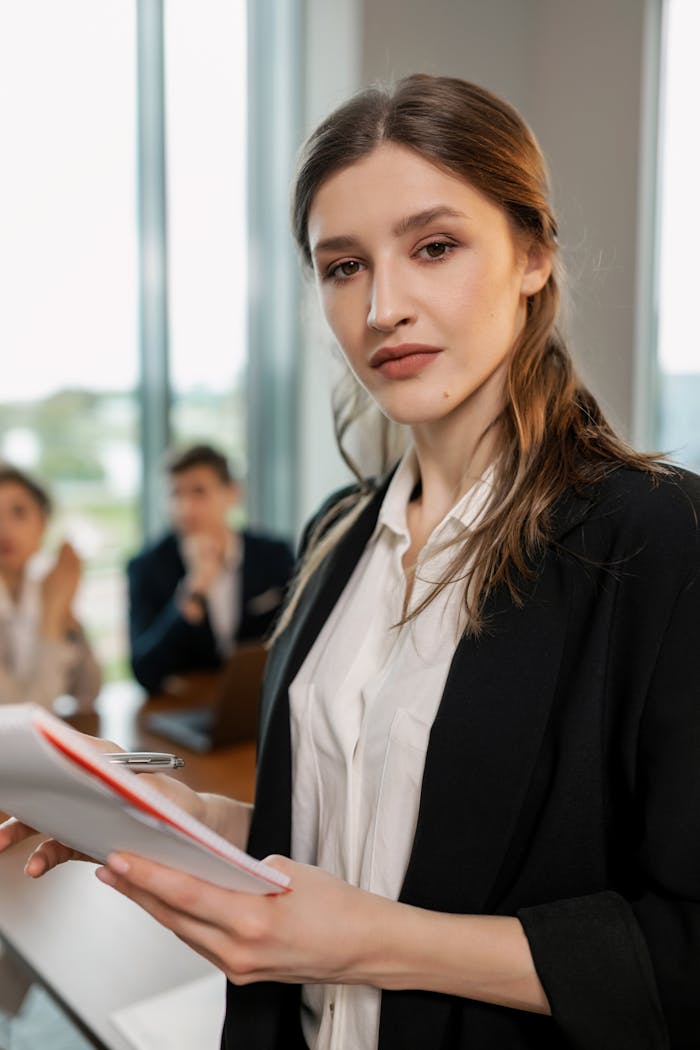 Crafting Captivating Headlines: Your awesome post title goes here A confident young businesswoman holding a notepad during a meeting in a modern office setting.